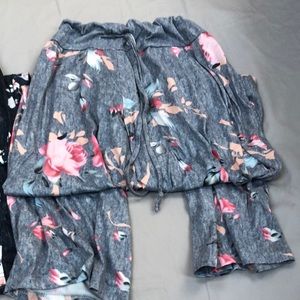 Lounge pants, dark blue, light blue or grey.  Loose leg to the ankle tie wast